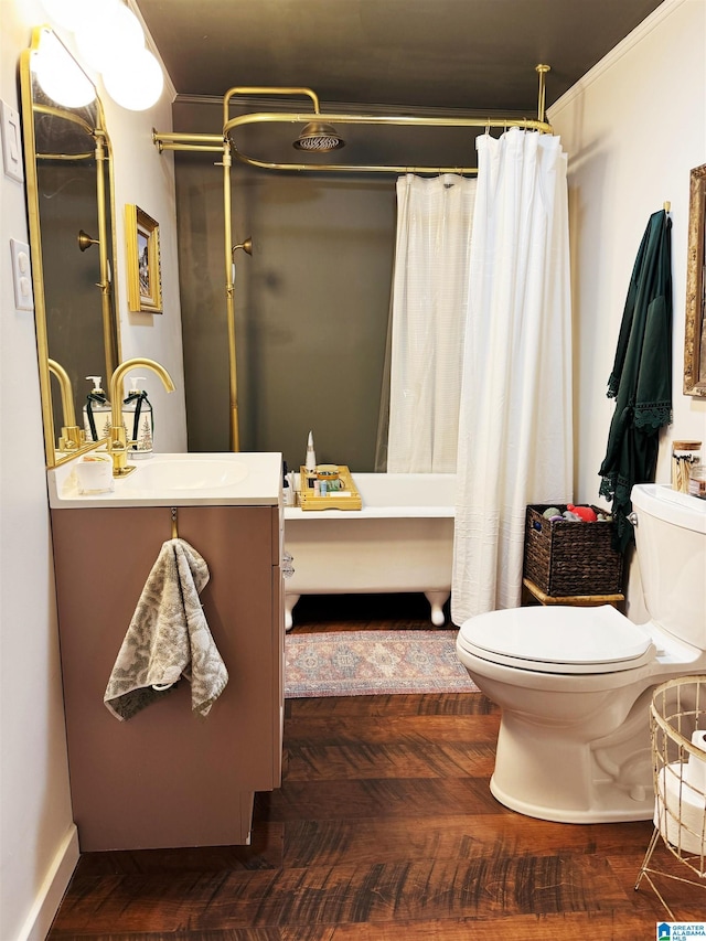 full bathroom with shower / bathtub combination with curtain, vanity, toilet, and wood-type flooring