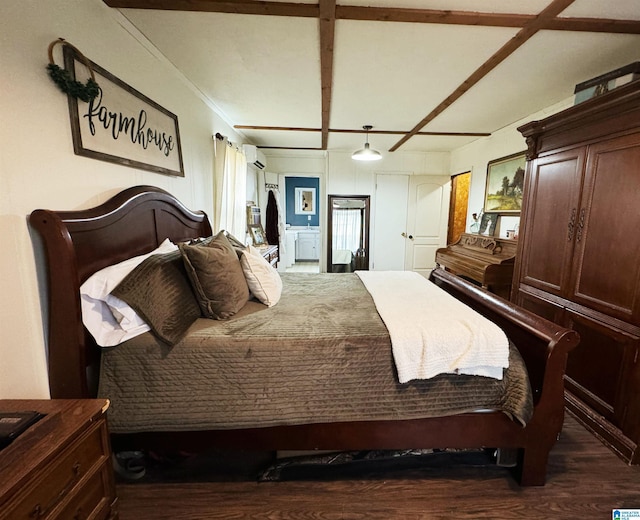 bedroom featuring dark hardwood / wood-style flooring and a wall unit AC