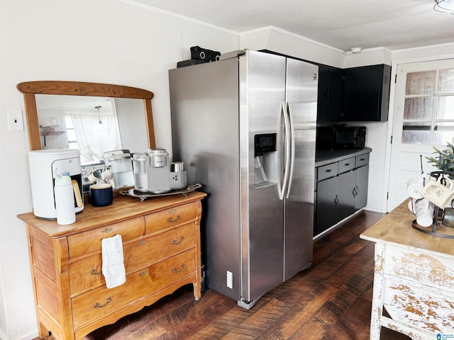 kitchen with stainless steel fridge with ice dispenser and dark hardwood / wood-style flooring