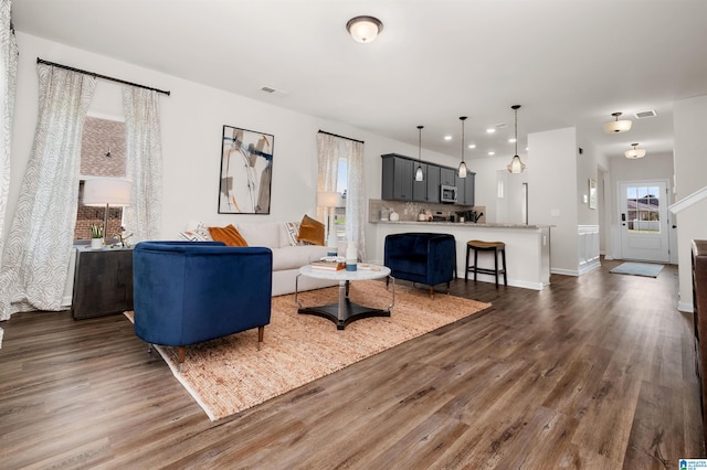 living room featuring dark wood-type flooring