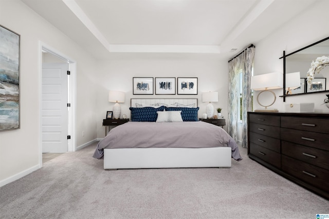 carpeted bedroom with a raised ceiling