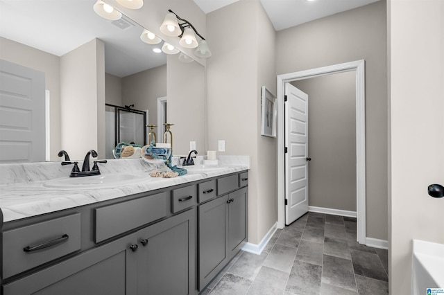 bathroom featuring shower with separate bathtub and vanity