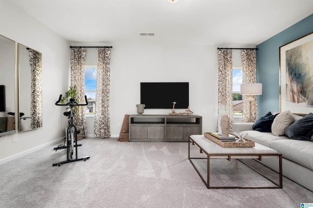 living room featuring plenty of natural light and light carpet