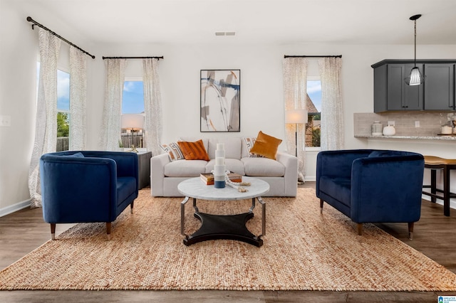 living room with plenty of natural light and wood-type flooring