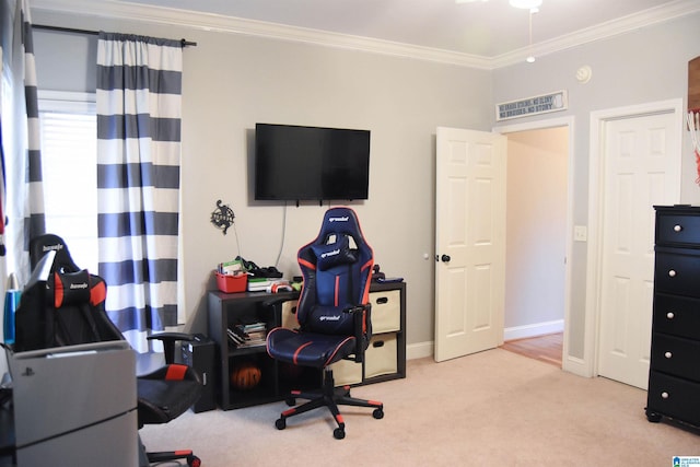 carpeted office featuring ornamental molding