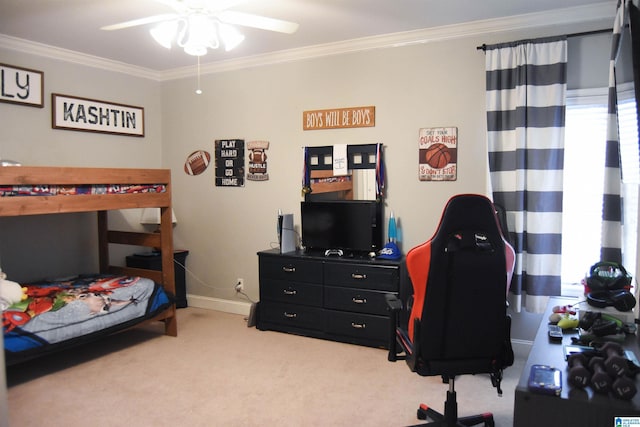 bedroom featuring light carpet, ceiling fan, and crown molding