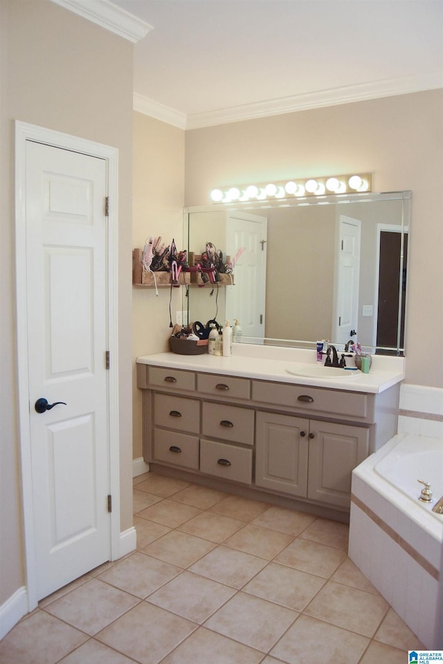 bathroom featuring tile patterned flooring, vanity, ornamental molding, and tiled bath