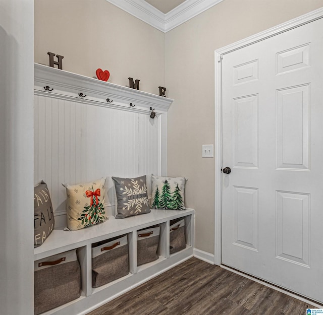 mudroom featuring dark hardwood / wood-style flooring and ornamental molding