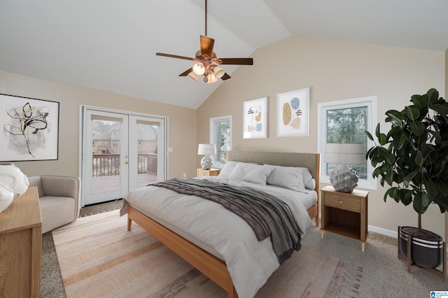 carpeted bedroom featuring access to exterior, ceiling fan, and vaulted ceiling