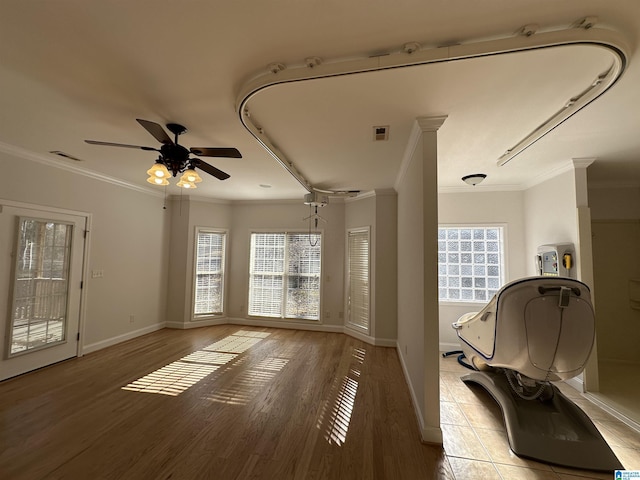 interior space with crown molding, light hardwood / wood-style flooring, ceiling fan, and a healthy amount of sunlight