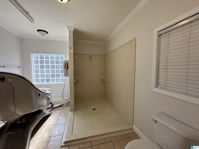 bathroom with tile patterned floors and crown molding