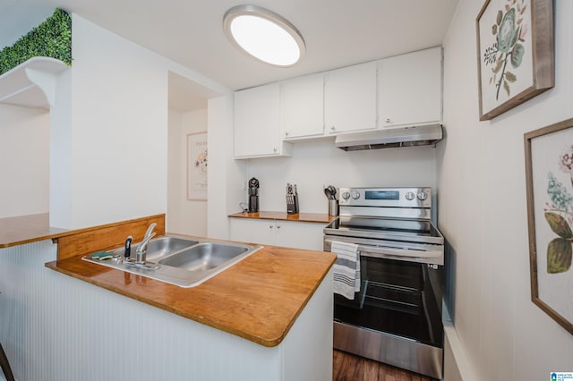 kitchen featuring sink, electric range, white cabinetry, dark hardwood / wood-style flooring, and kitchen peninsula