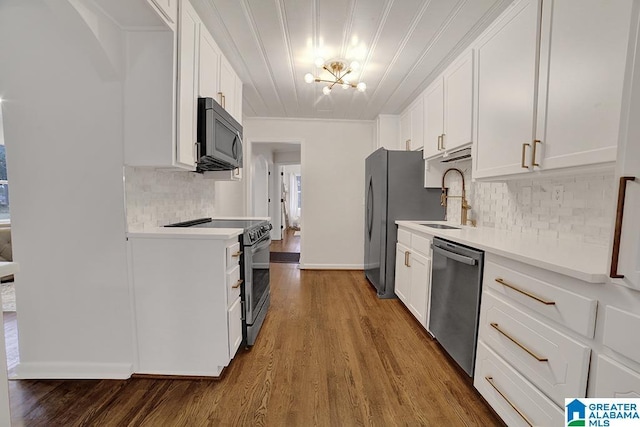 kitchen with sink, dark hardwood / wood-style floors, decorative backsplash, white cabinetry, and stainless steel appliances