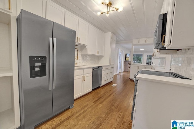 kitchen featuring backsplash, white cabinets, sink, appliances with stainless steel finishes, and light hardwood / wood-style floors