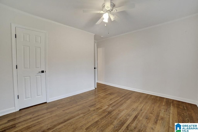 unfurnished room with hardwood / wood-style flooring, ceiling fan, and ornamental molding