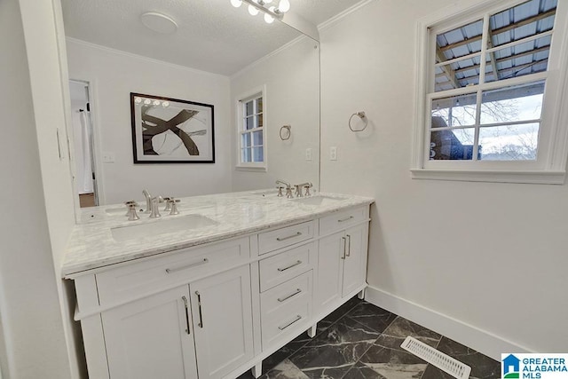 bathroom featuring crown molding, vanity, and a textured ceiling