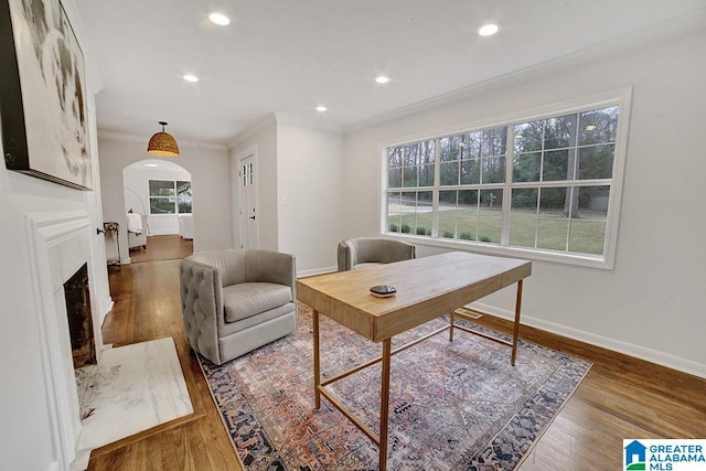 office featuring dark hardwood / wood-style floors and ornamental molding