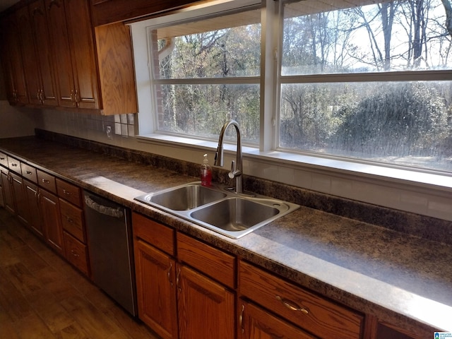 kitchen featuring dishwasher, sink, and dark wood-type flooring