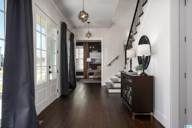 foyer entrance featuring dark hardwood / wood-style flooring and crown molding