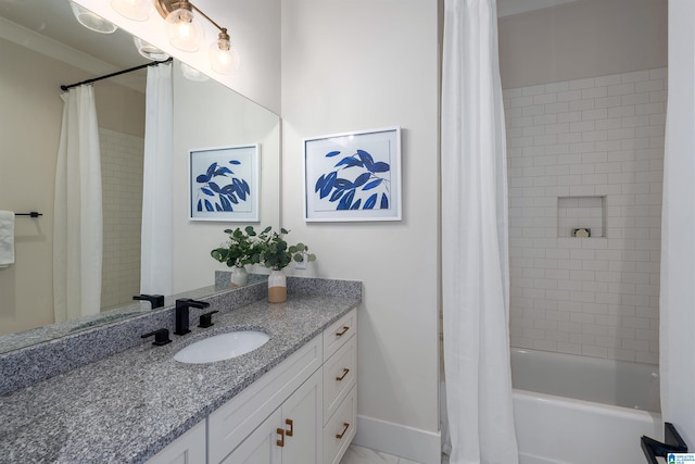 bathroom featuring vanity and shower / tub combo with curtain