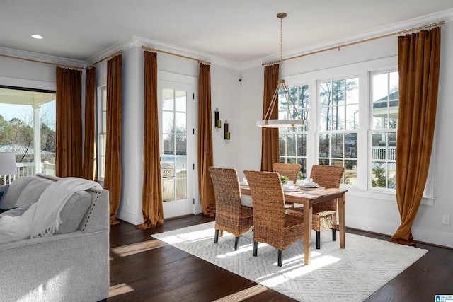 dining space featuring a wealth of natural light, dark hardwood / wood-style flooring, and crown molding