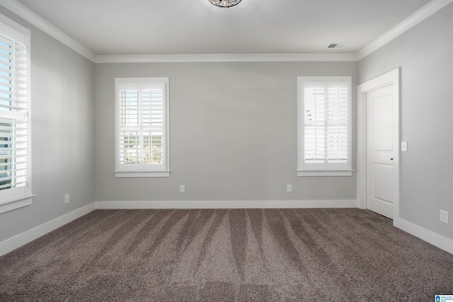 empty room with crown molding and carpet