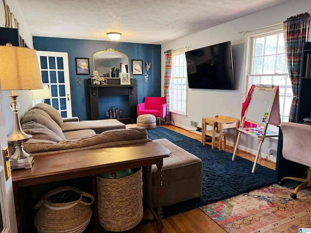 living room featuring wood-type flooring and a textured ceiling