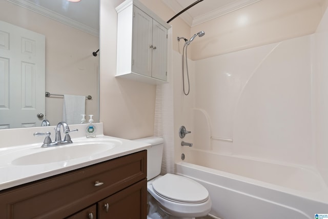 full bathroom with toilet, vanity, shower / bath combination, and crown molding