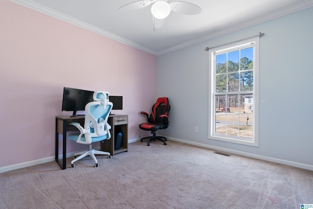 carpeted home office with ceiling fan and crown molding