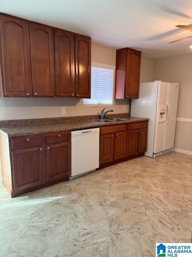 kitchen with ceiling fan, white appliances, and sink