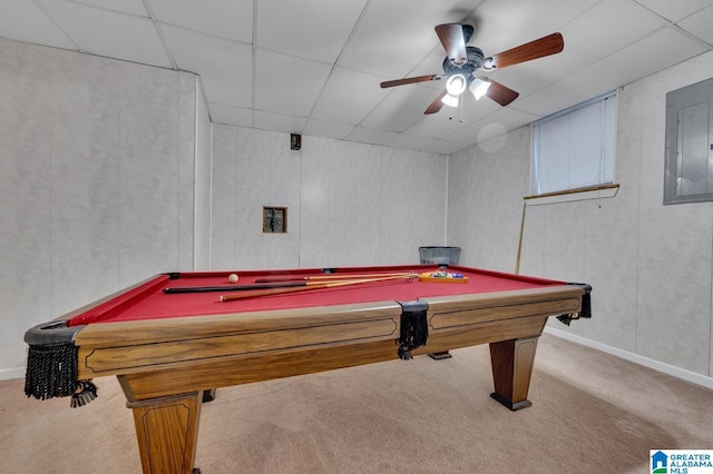 recreation room with electric panel, a drop ceiling, carpet, and billiards