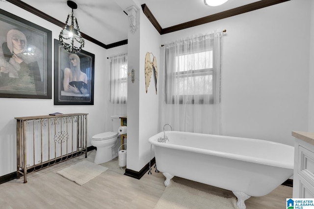 bathroom featuring toilet, a washtub, radiator, and hardwood / wood-style flooring