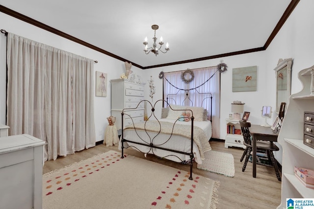 bedroom with ornamental molding, light hardwood / wood-style flooring, and a notable chandelier