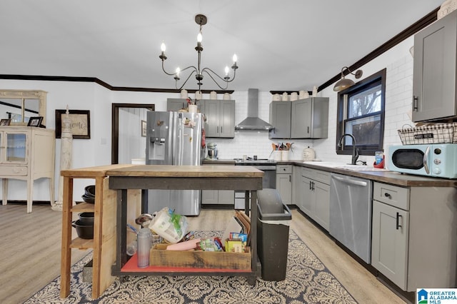 kitchen with gray cabinetry, pendant lighting, wall chimney exhaust hood, and stainless steel appliances