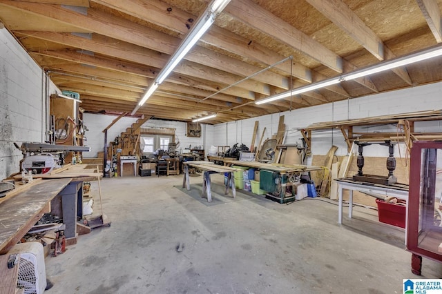 basement with a workshop area