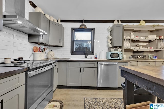 kitchen featuring gray cabinets, stainless steel appliances, butcher block countertops, and wall chimney range hood