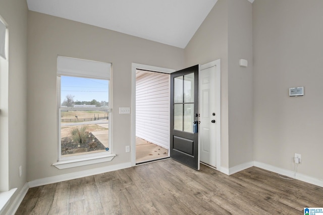 entryway featuring wood-type flooring and lofted ceiling