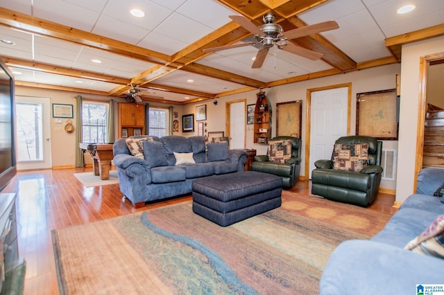 395 Creek Run Rd, Wedowee, AL 36278 - living room with beamed ceiling, baseboards, wood-type flooring, a paneled ceiling, and ceiling fan