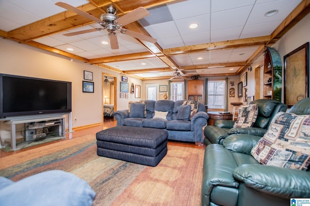 395 Creek Run Rd, Wedowee, AL 36278 - living area featuring beamed ceiling, wood finished floors, recessed lighting, baseboards, and ceiling fan