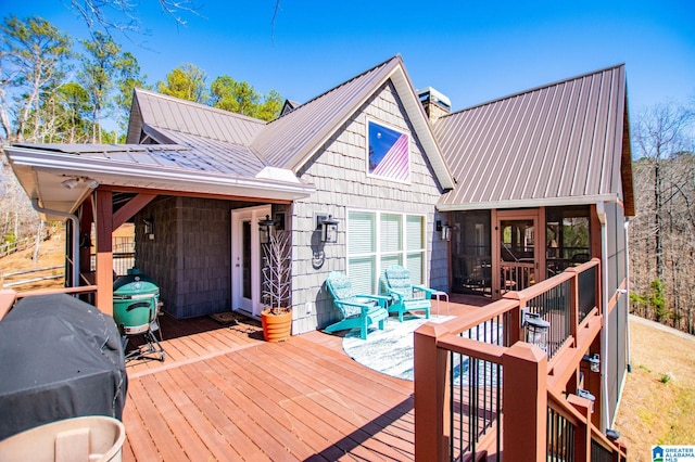 395 Creek Run Rd, Wedowee, AL 36278 - wooden deck with a sunroom and grilling area