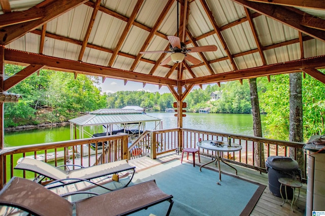 395 Creek Run Rd, Wedowee, AL 36278 - wooden terrace with a gazebo, a water view, and a ceiling fan