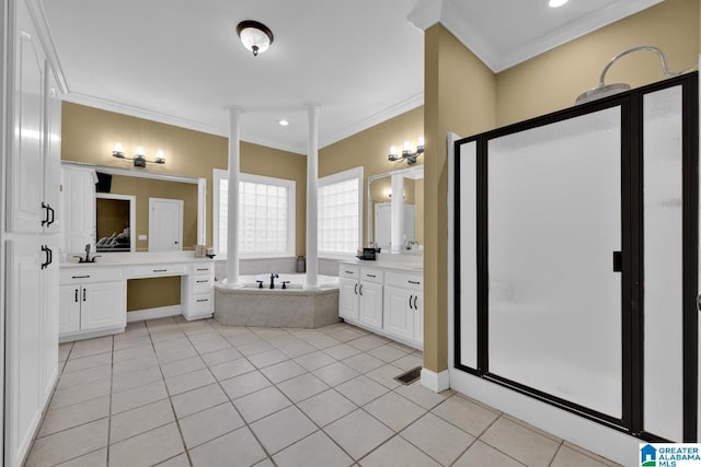 bathroom featuring shower with separate bathtub, vanity, tile patterned floors, and ornamental molding