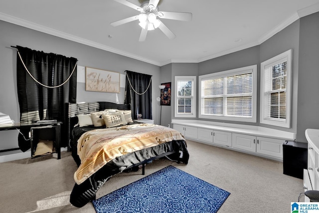 bedroom featuring ceiling fan, light colored carpet, and ornamental molding