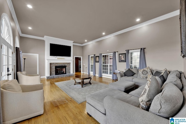 living room featuring light hardwood / wood-style floors, crown molding, and a fireplace