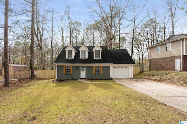 cape cod home featuring a front lawn and a garage