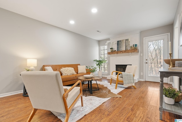 living room featuring a fireplace and light hardwood / wood-style flooring