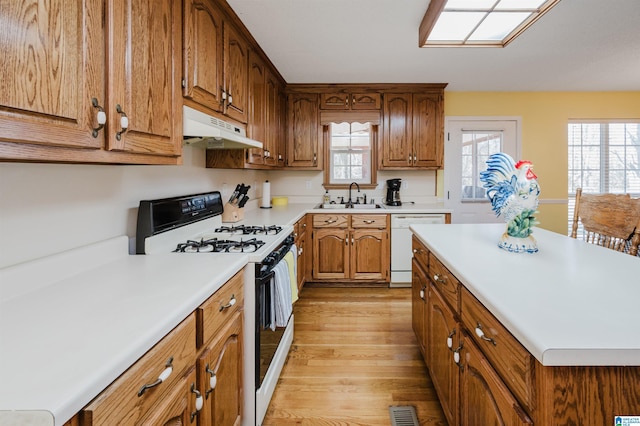 kitchen featuring sink, light hardwood / wood-style floors, and white appliances