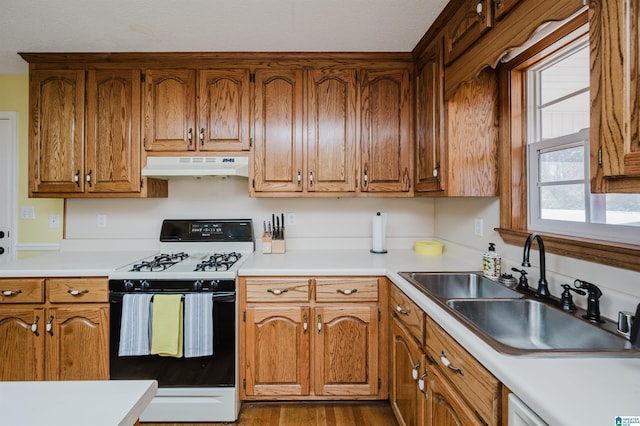 kitchen featuring white range with gas cooktop, dishwasher, sink, and hardwood / wood-style flooring