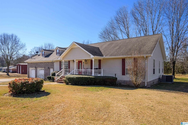 single story home featuring a front yard, a porch, a garage, and central AC unit