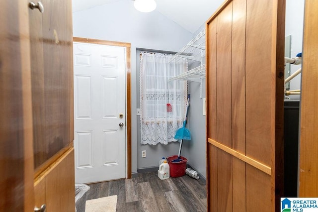 bathroom featuring hardwood / wood-style floors and vaulted ceiling